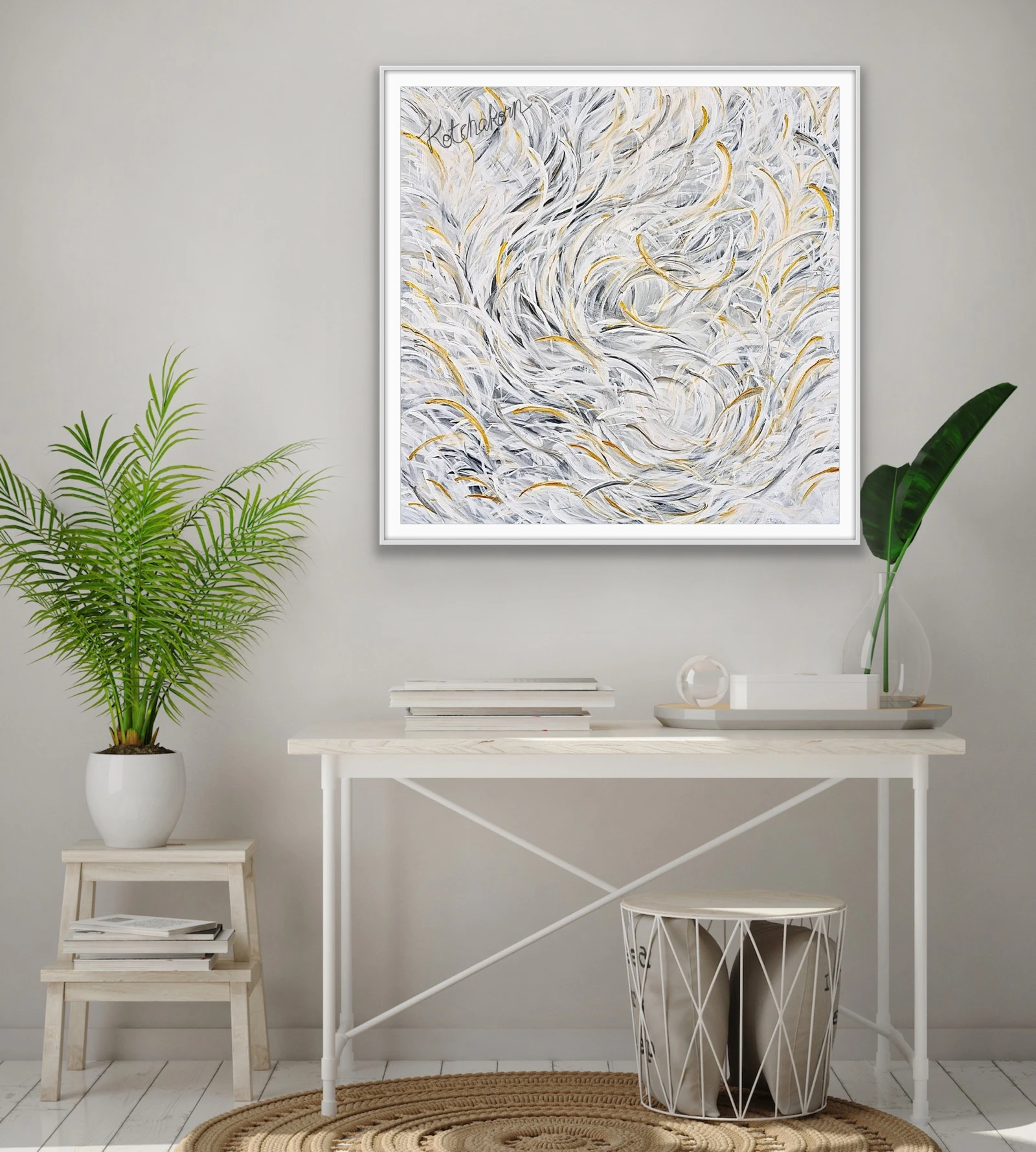 Feathery White Courage (100x100cm)