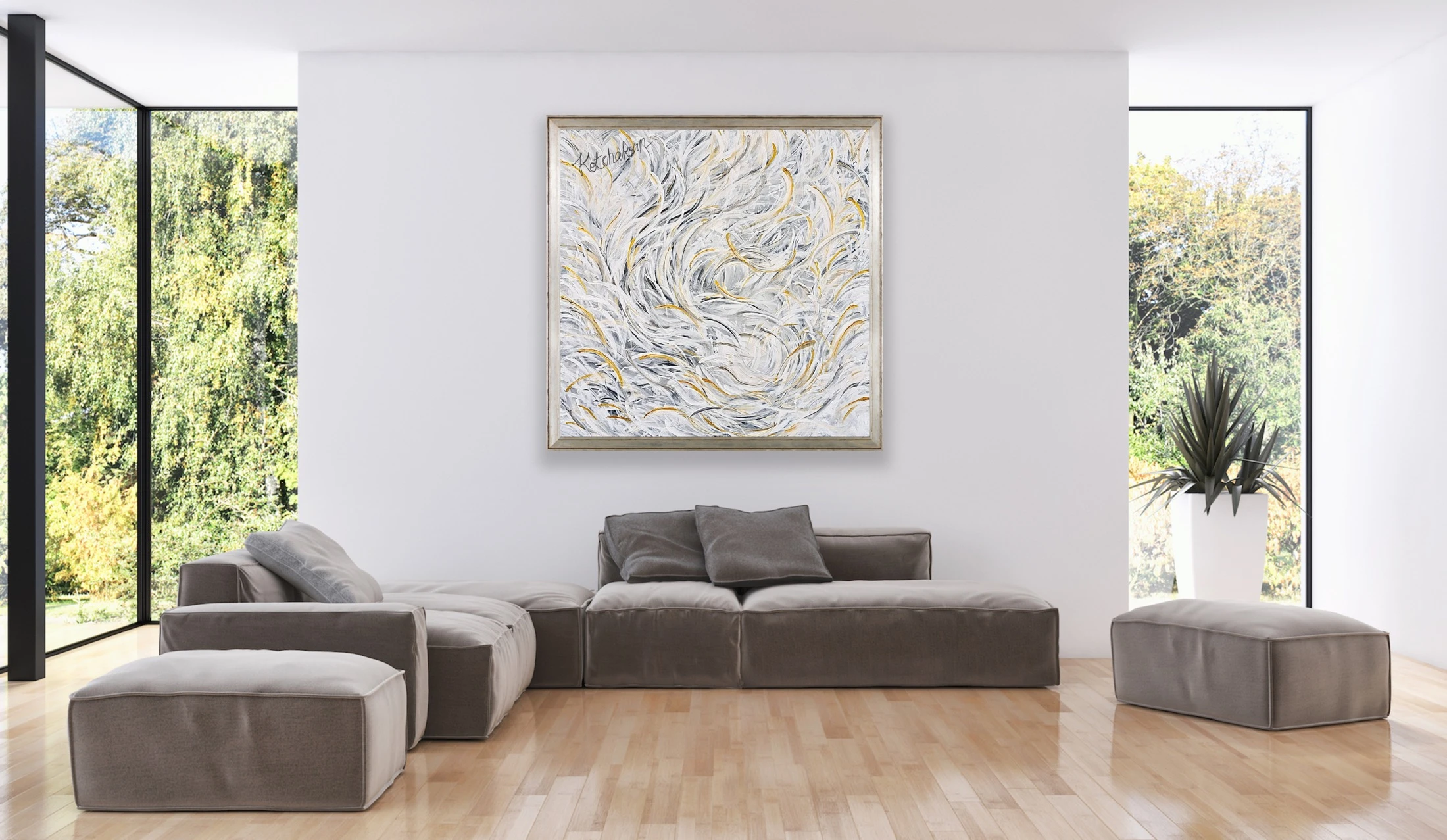 Feathery White Courage (100x100cm)