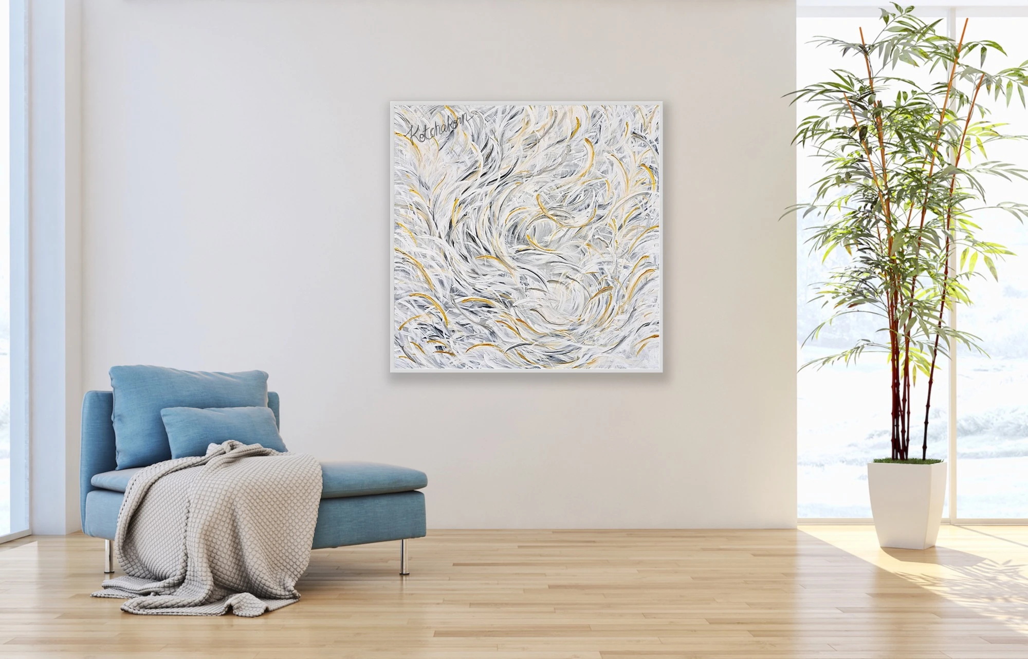 Feathery White Courage (100x100cm)