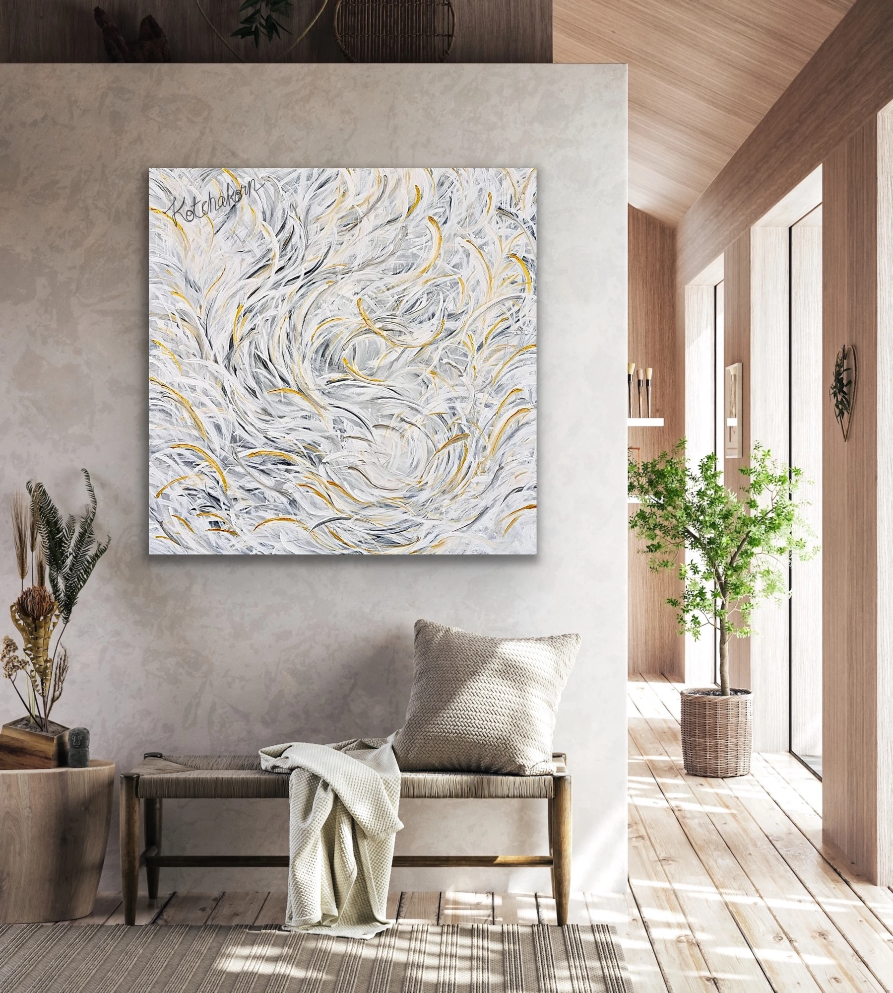 Feathery White Courage (100x100cm)