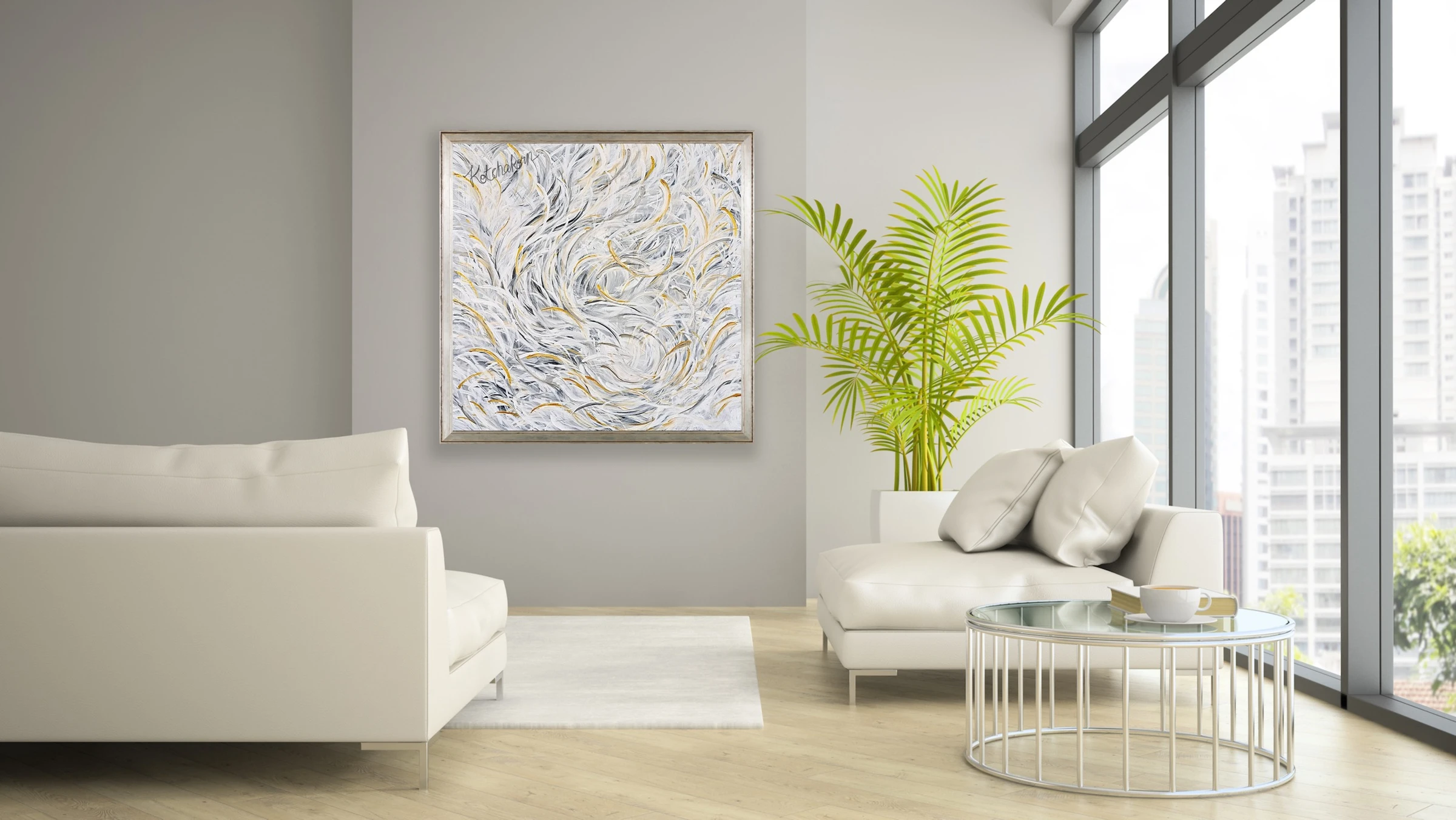 Feathery White Courage (100x100cm)