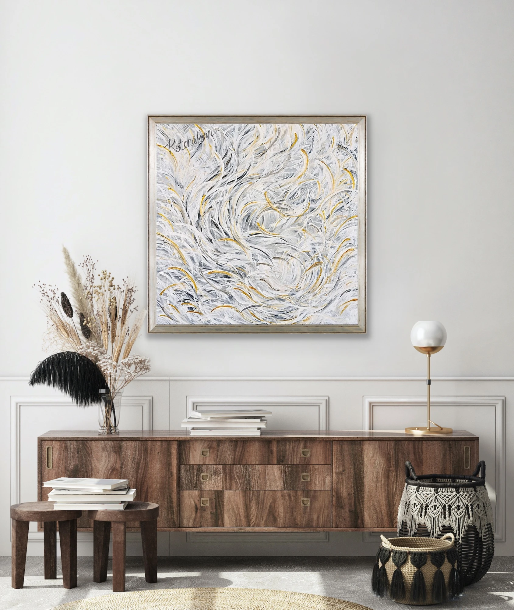 Feathery White Courage (100x100cm)